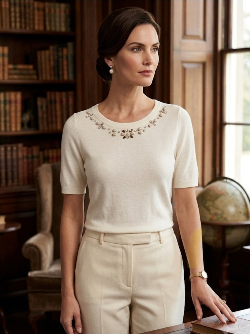 The Limited Ivory Short Sleeve Knit Top with Jeweled Neckline